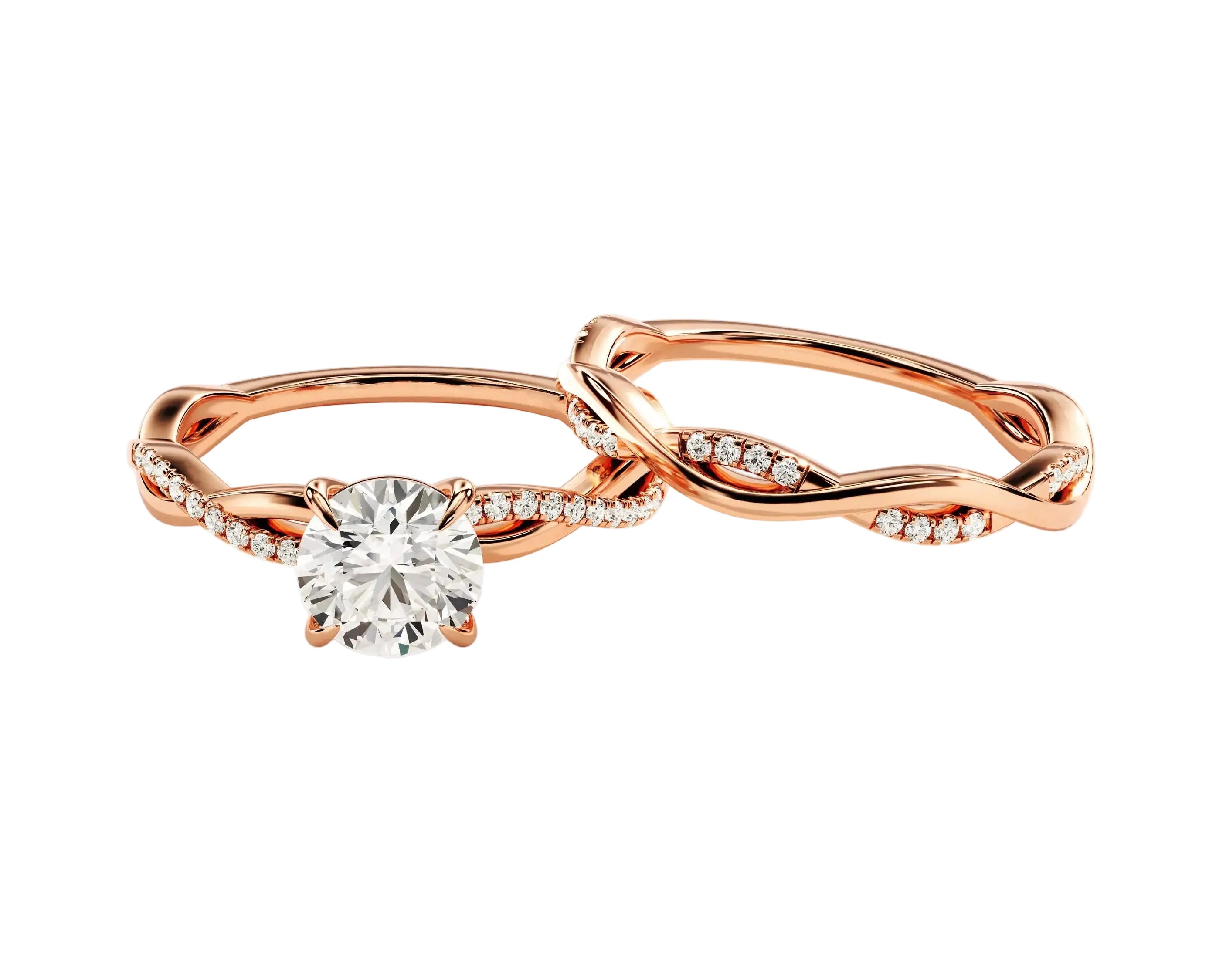 Luxury round brilliant moissanite bridal set with a helix wrapped pavé setting ApolloGem.