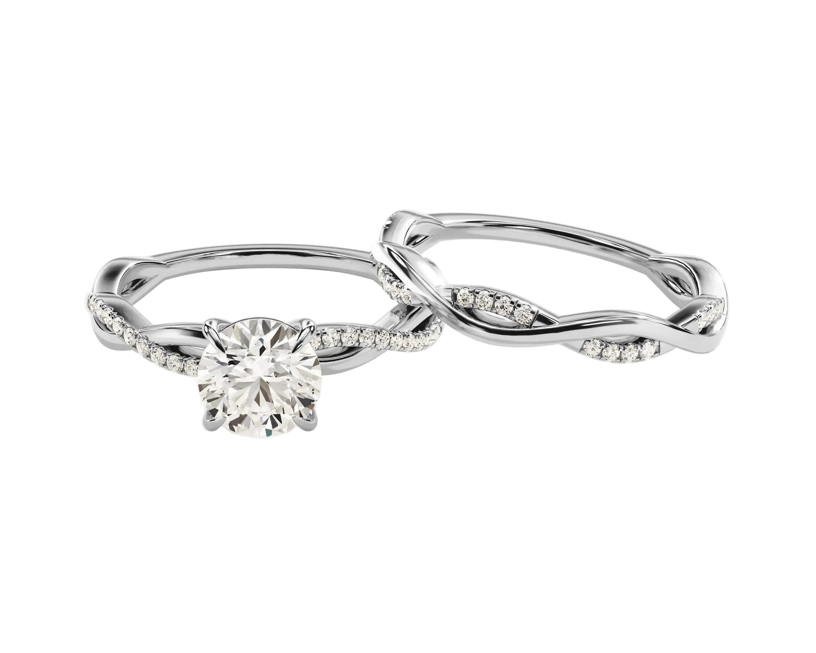 Luxury round brilliant moissanite bridal set with a helix wrapped pavé setting ApolloGem.