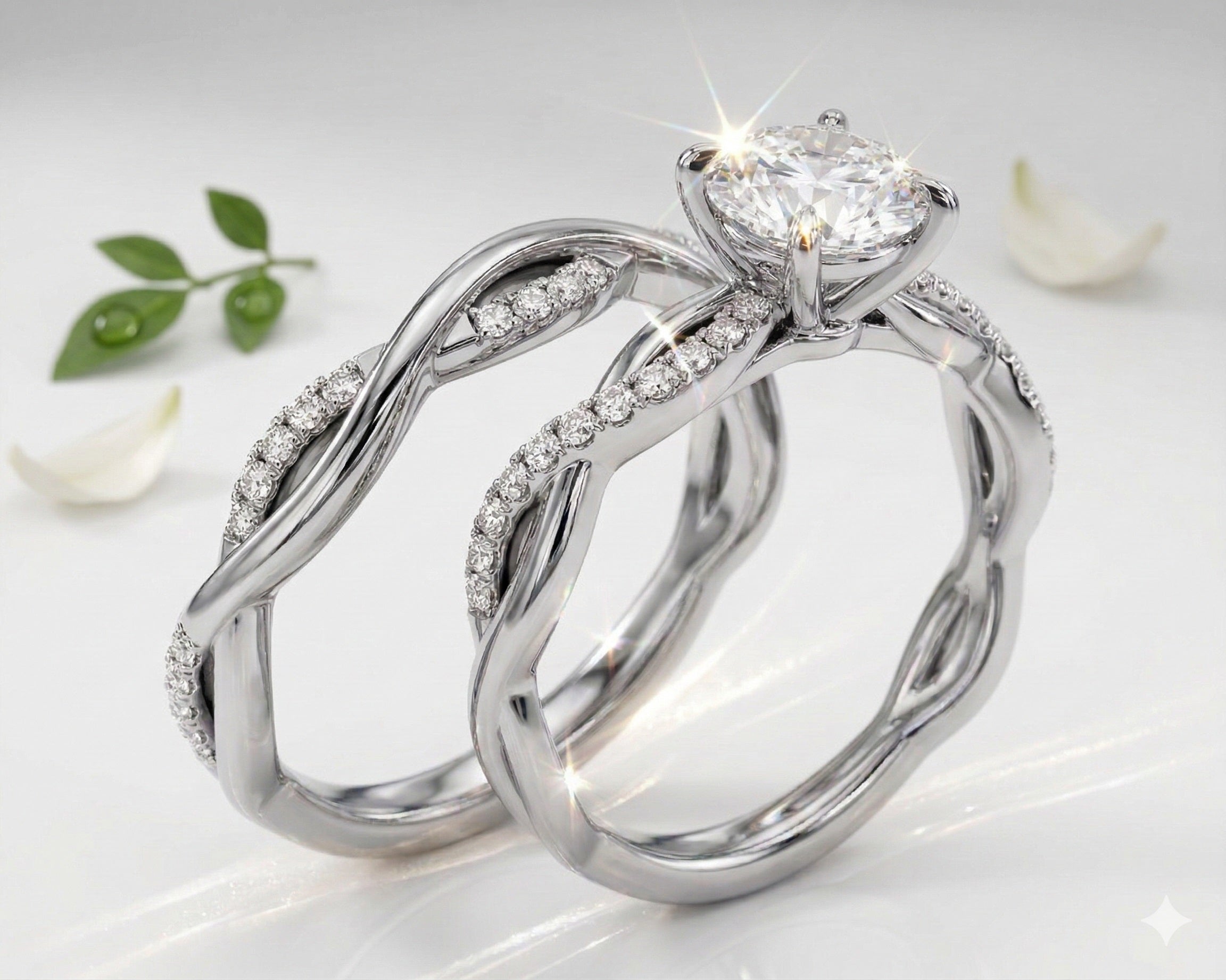 Side profile of the Helix Wrap ring showing micro-pavé stones encircling the moissanite base.