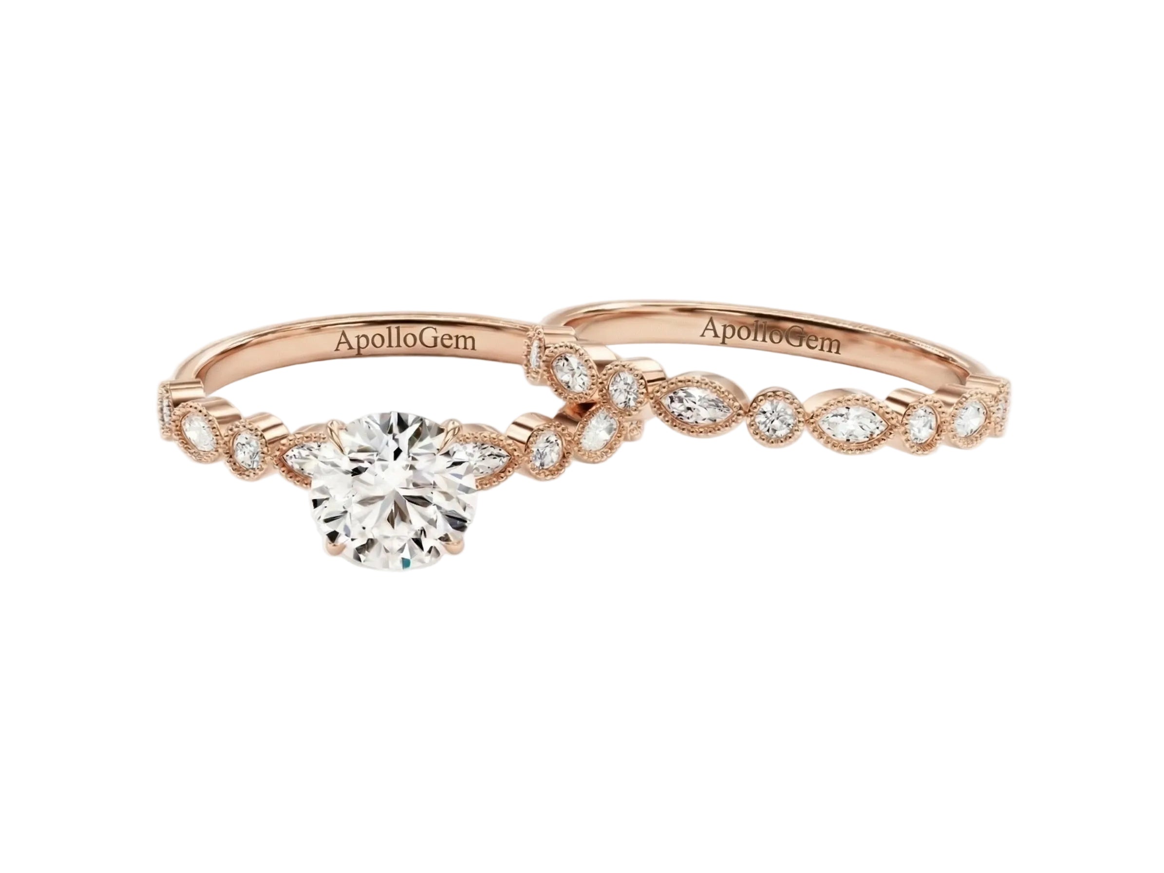 Luxury round brilliant moissanite bridal set with vintage milgrain accents Duo Collection ApolloGem.