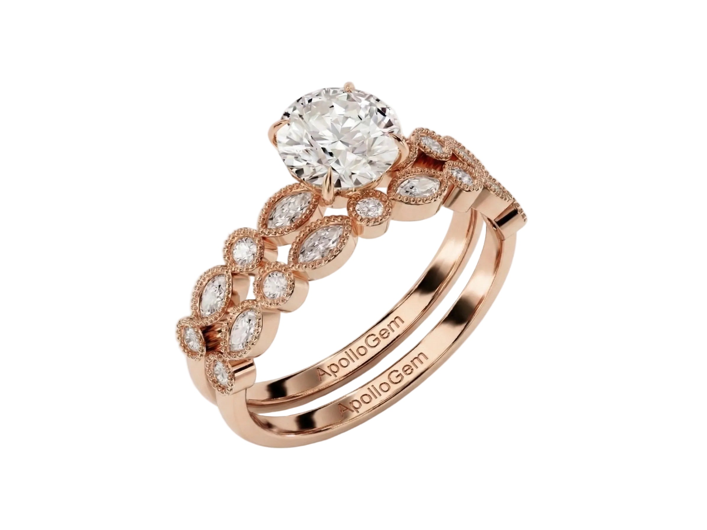 Rose gold moissanite bridal set with a round solitaire and matching vintage-style wedding band.