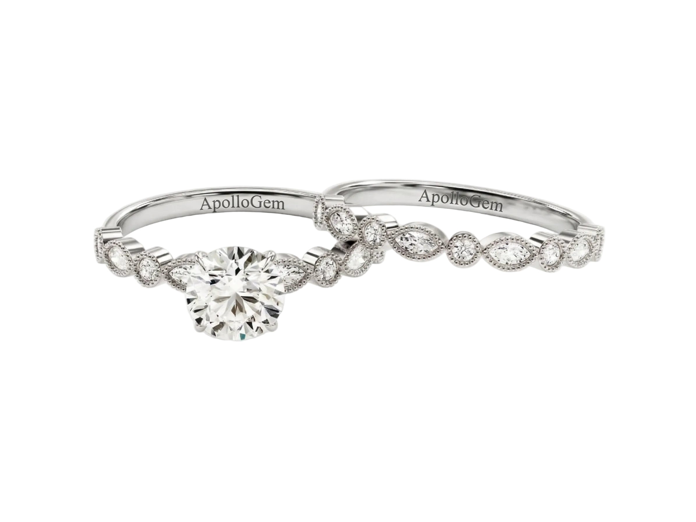 Luxury round brilliant moissanite bridal set with vintage milgrain accents Duo Collection ApolloGem.