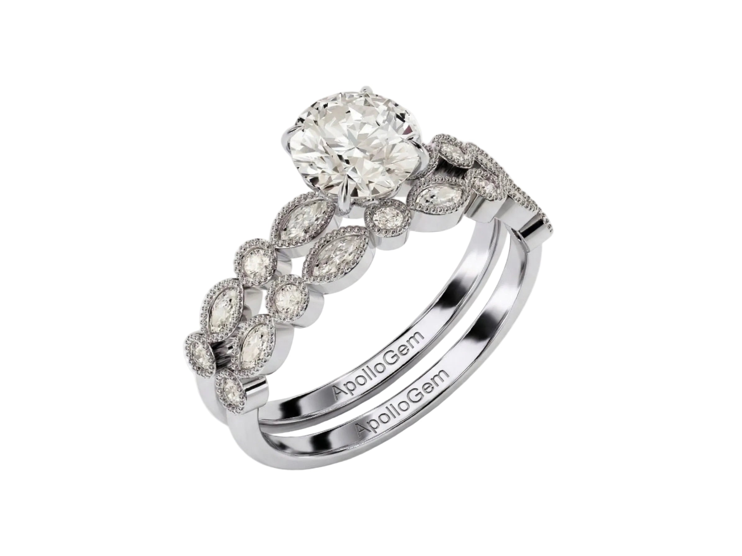 White gold moissanite bridal set with a round solitaire and matching vintage-style wedding band.