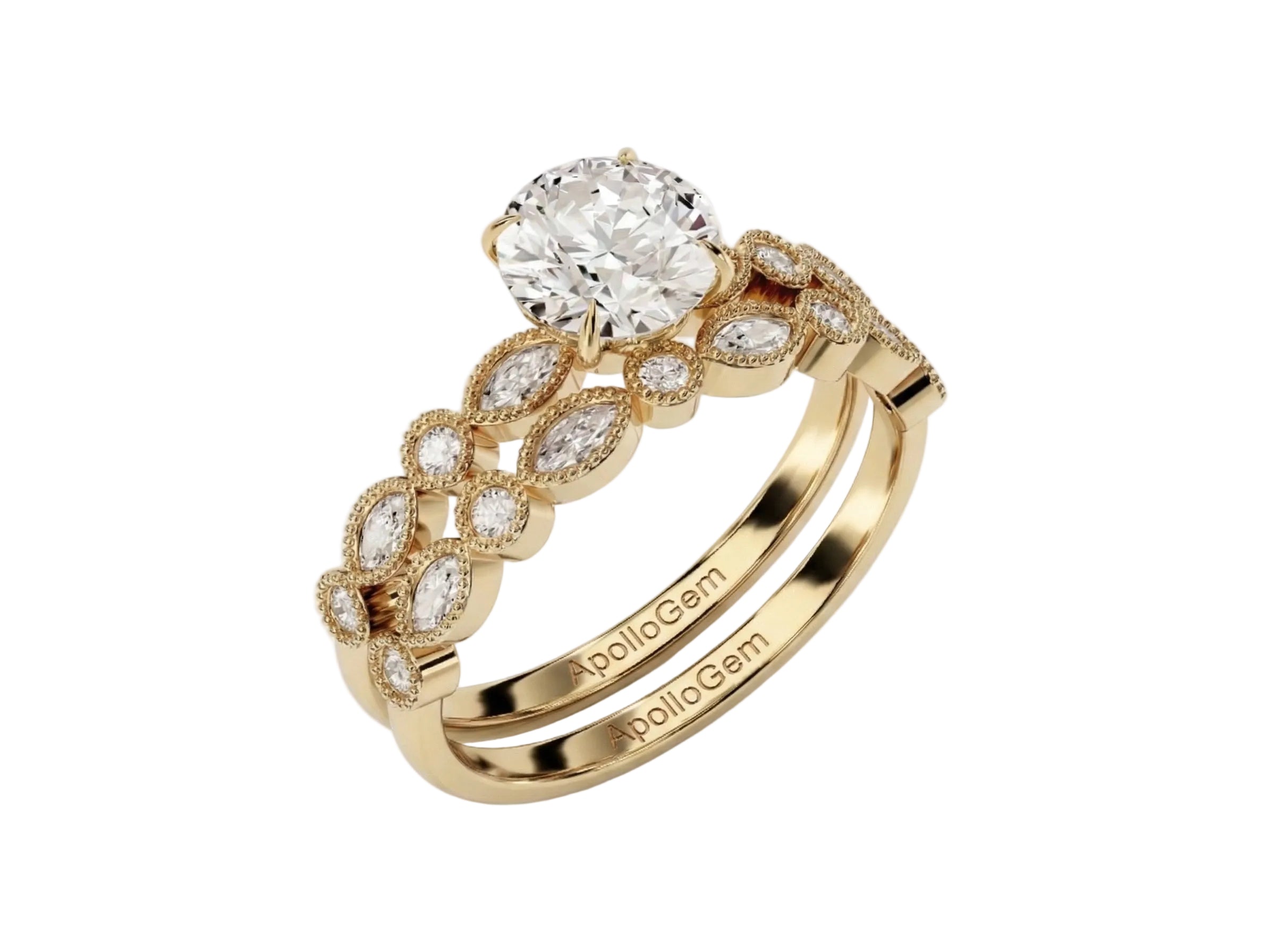 Yellow gold moissanite bridal set with a round solitaire and matching vintage-style wedding band.