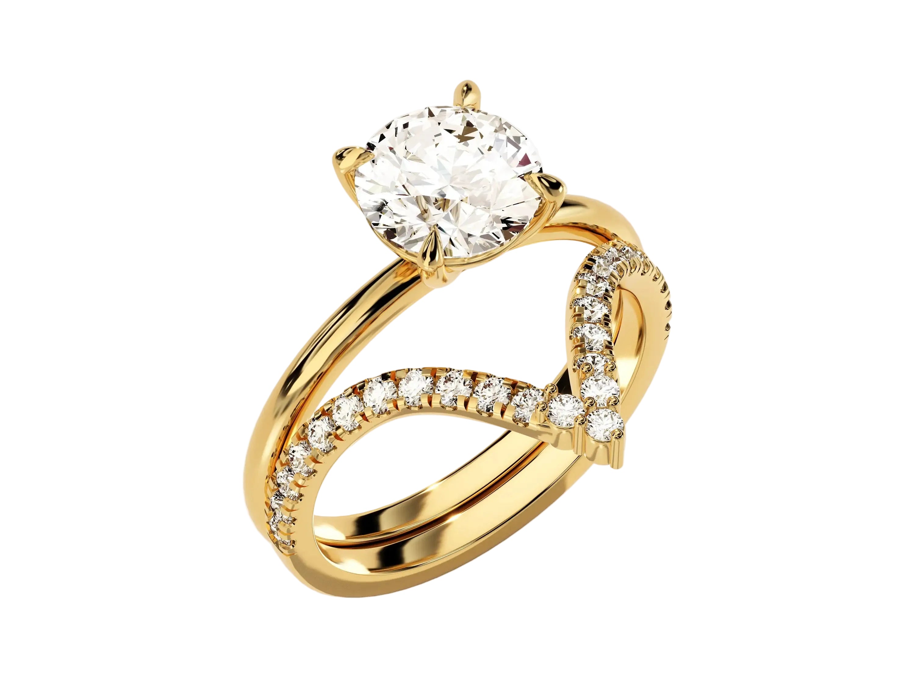 Four-prong round solitaire with decorative leaf-style shoulders and matching v-shaped band.