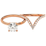 Round brilliant moissanite engagement ring with organic leaf side accents and matching band Duo Collection ApolloGem.