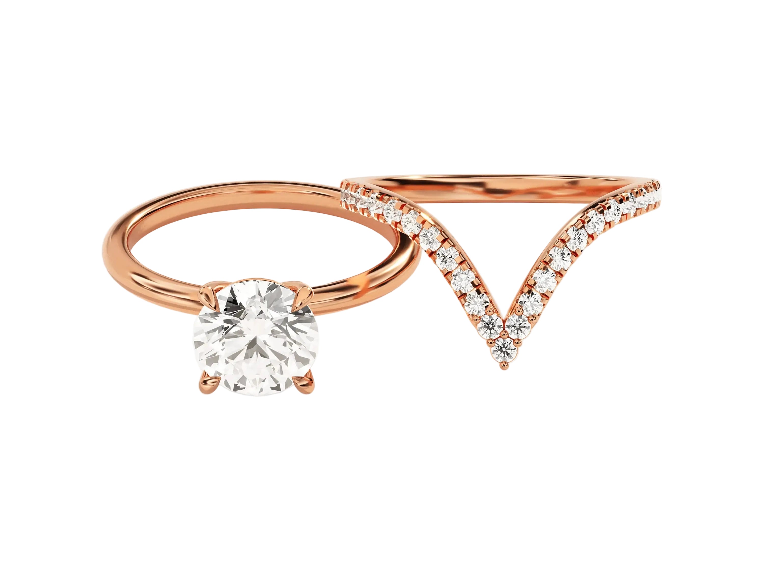 Round brilliant moissanite engagement ring with organic leaf side accents and matching band Duo Collection ApolloGem.