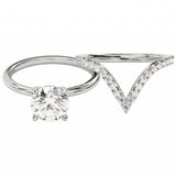 Round brilliant moissanite engagement ring with organic leaf side accents and matching band Duo Collection ApolloGem.