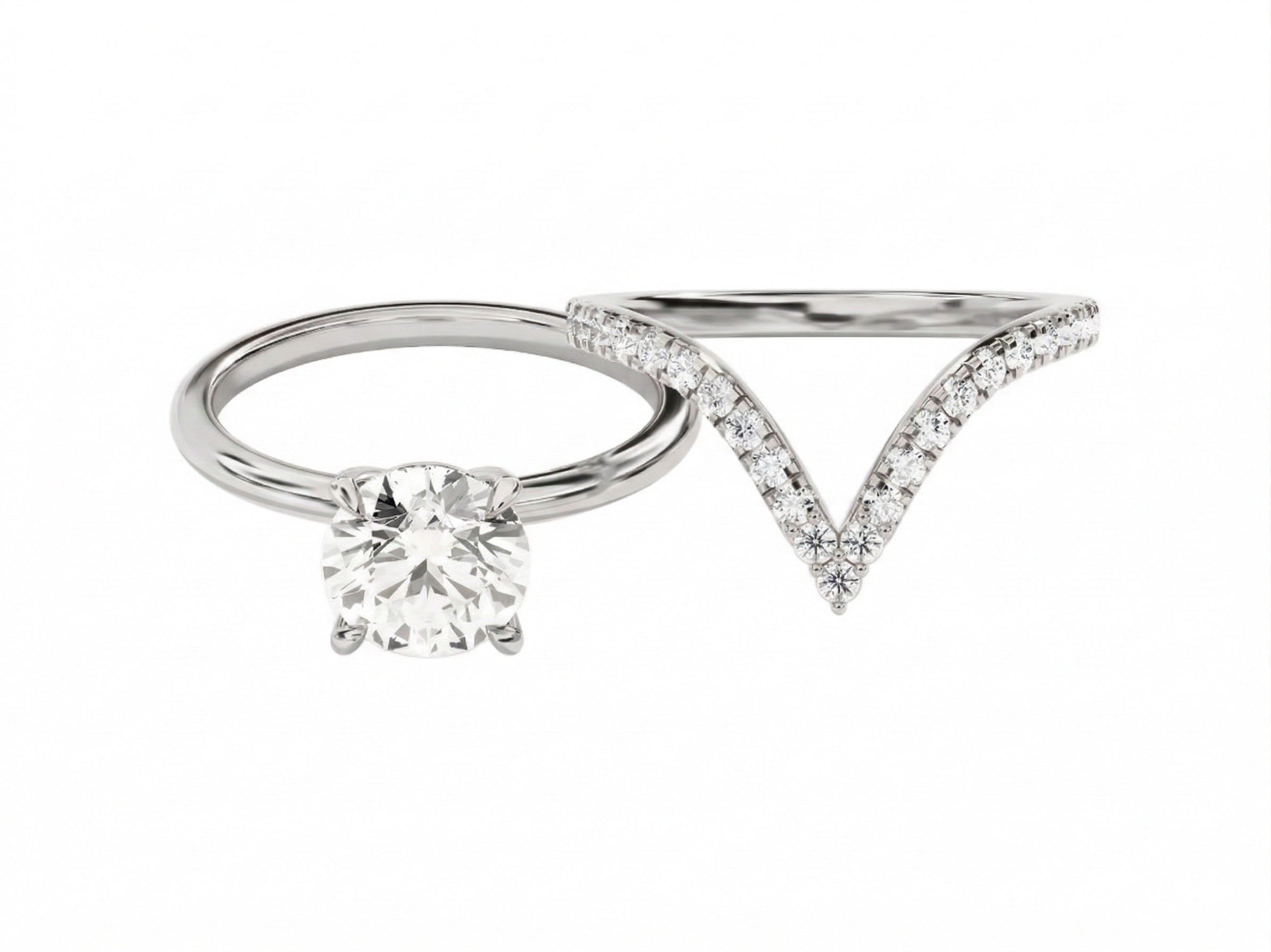 Round brilliant moissanite engagement ring with organic leaf side accents and matching band Duo Collection ApolloGem.
