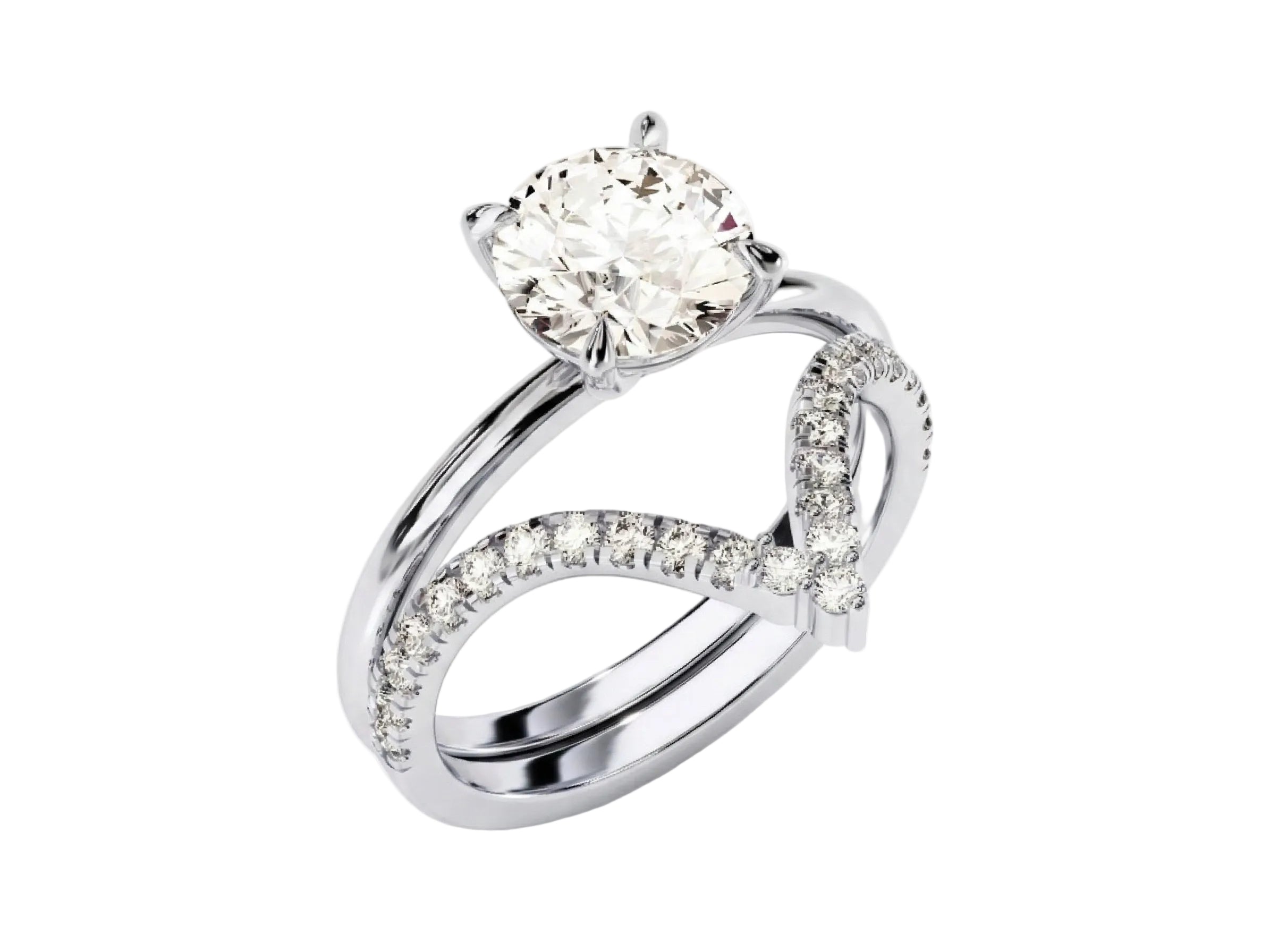 Four-prong round solitaire with decorative leaf-style shoulders and matching v-shaped band.