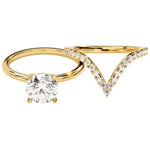 Round brilliant moissanite engagement ring with organic leaf side accents and matching band Duo Collection ApolloGem.