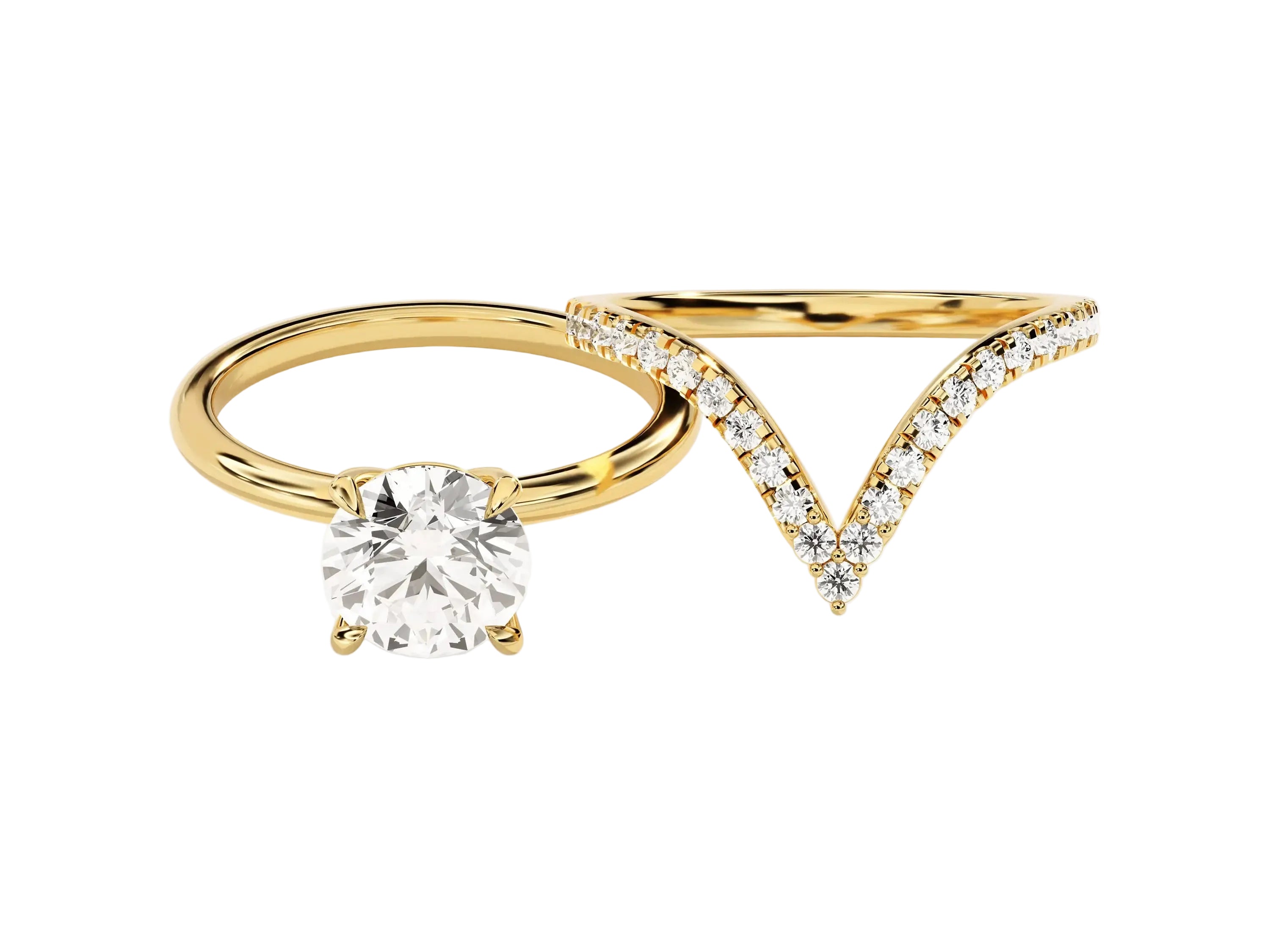 Round brilliant moissanite engagement ring with organic leaf side accents and matching band Duo Collection ApolloGem.