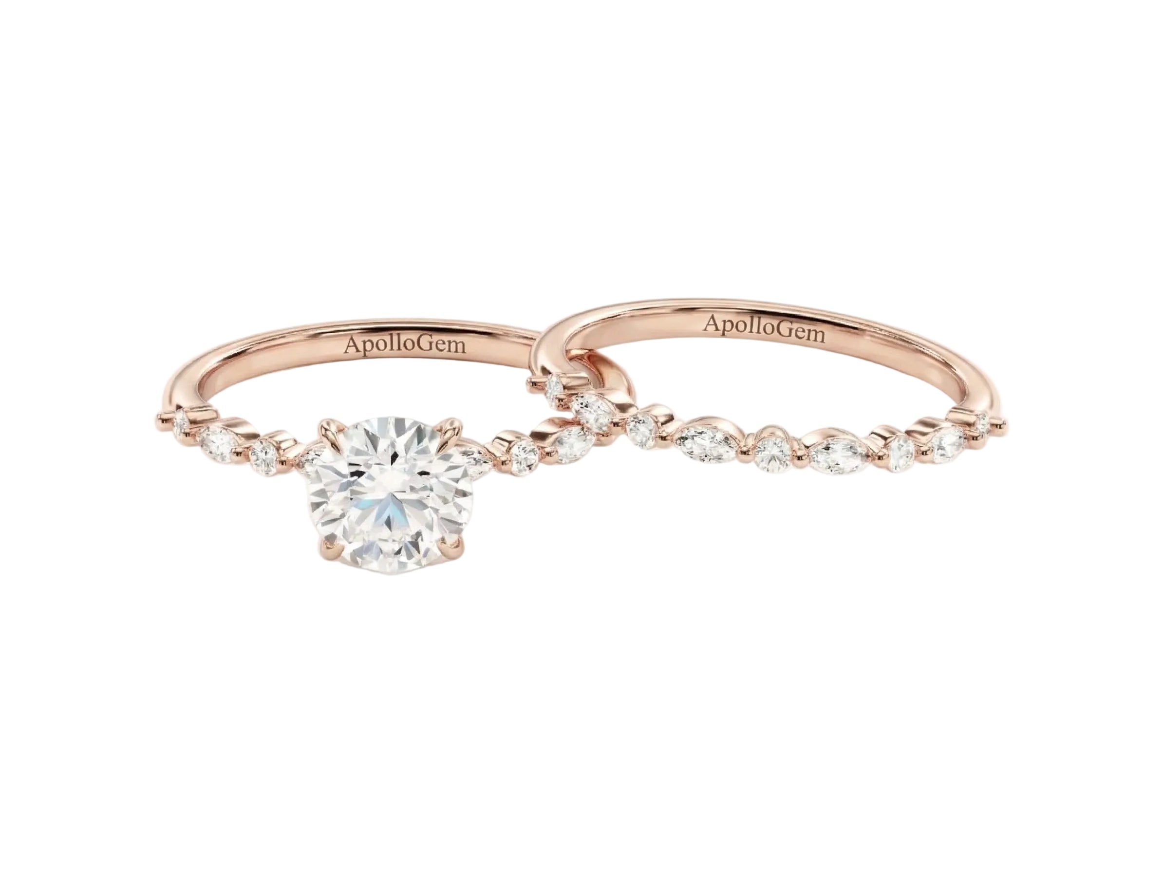 Round brilliant moissanite bridal set with alternating round and marquise pavé bands Duo Collection ApolloGem.