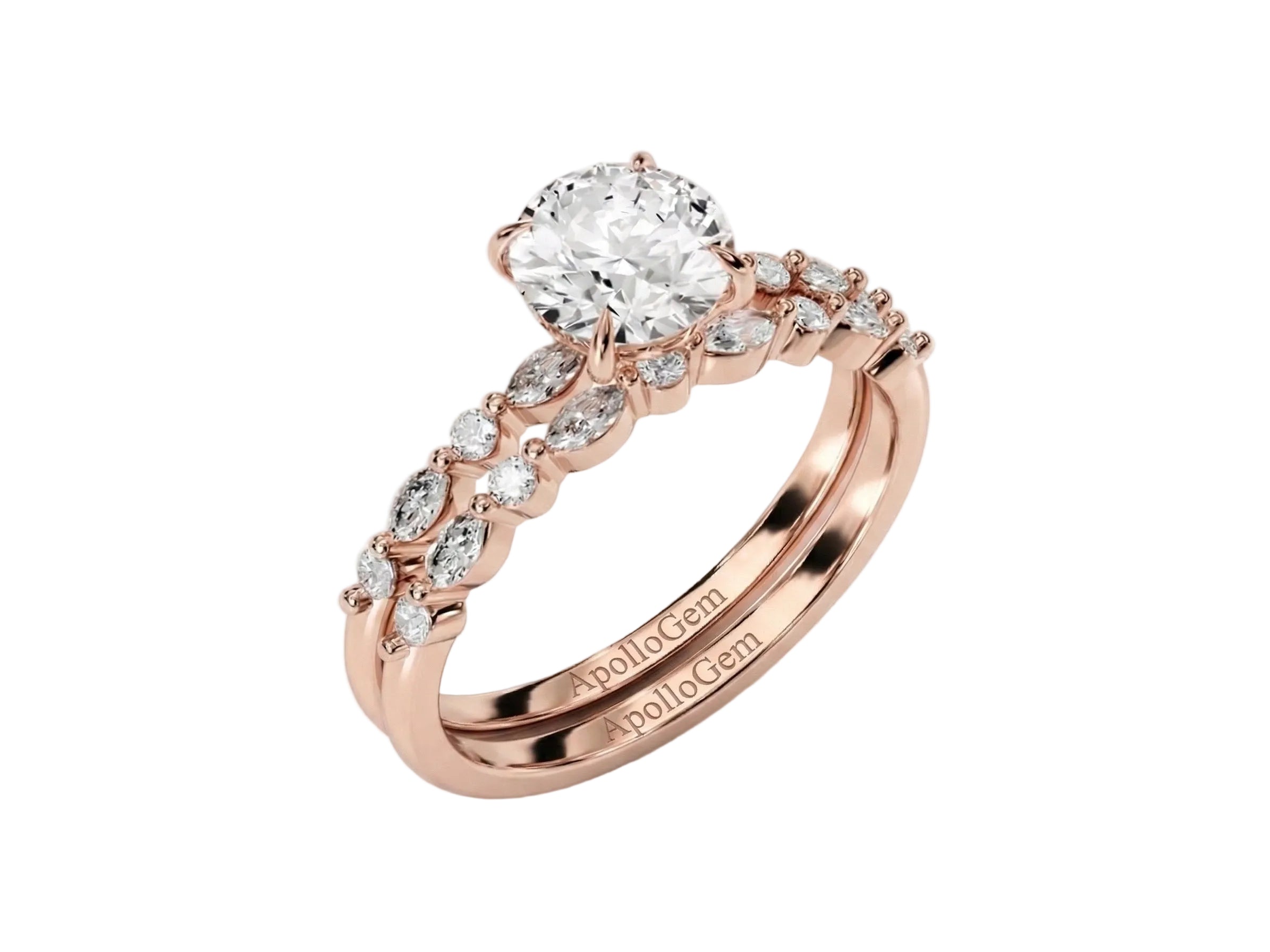 Round brilliant center stone with decorative multi-shape pavé shanks and matching wedding band.