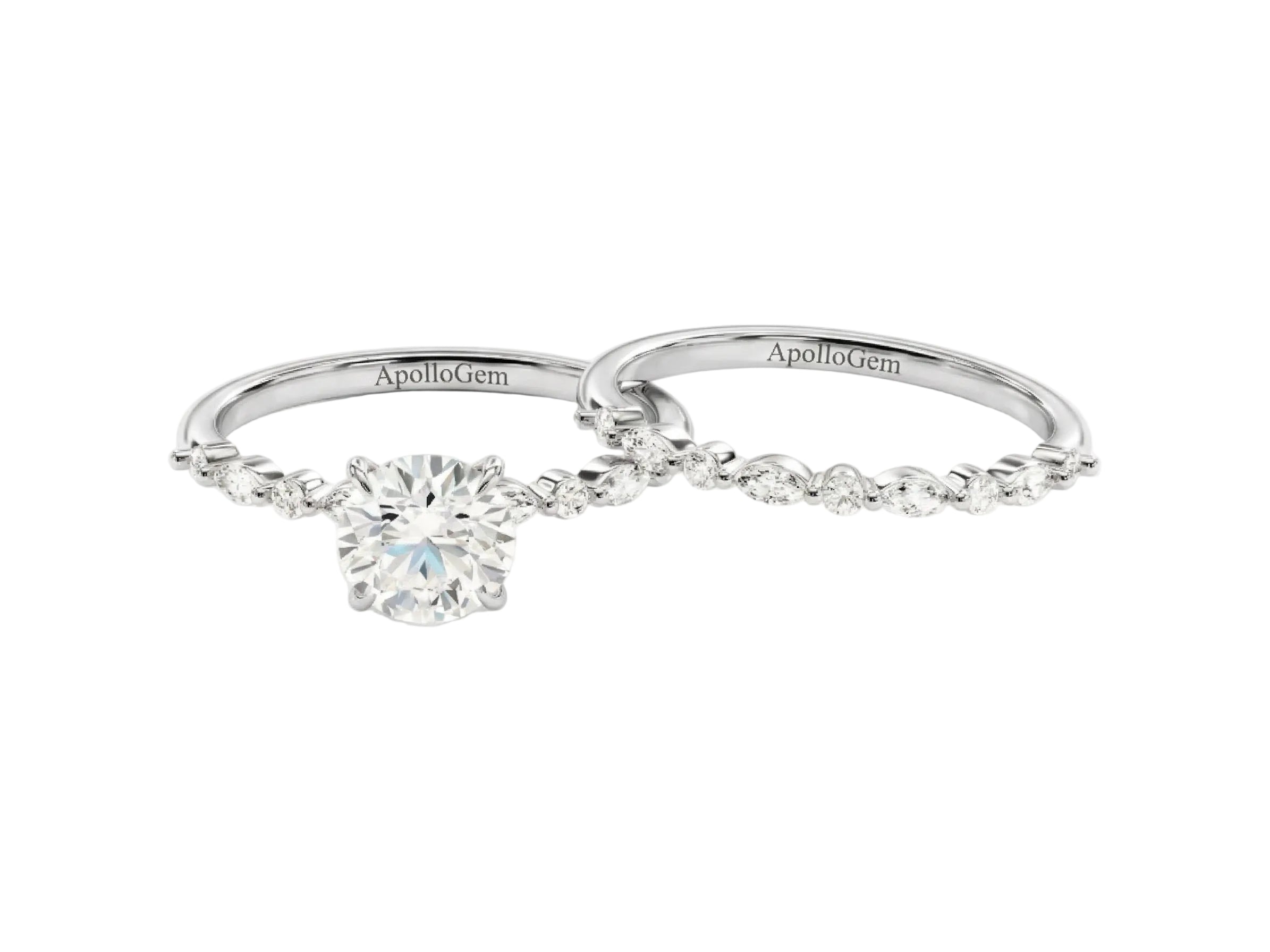 Round brilliant moissanite bridal set with alternating round and marquise pavé bands Duo Collection ApolloGem.
