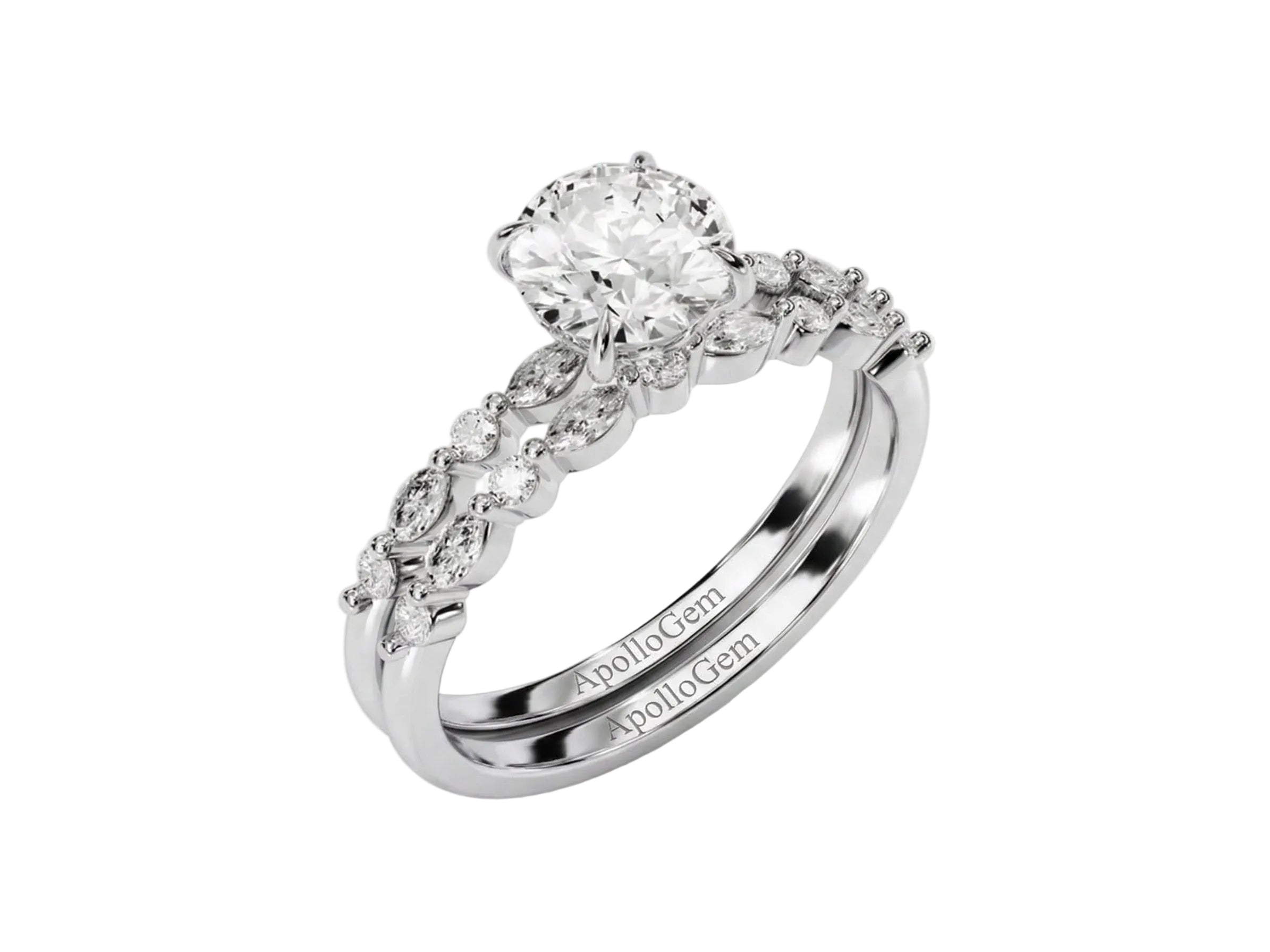 Round brilliant center stone with decorative multi-shape pavé shanks and matching wedding band.