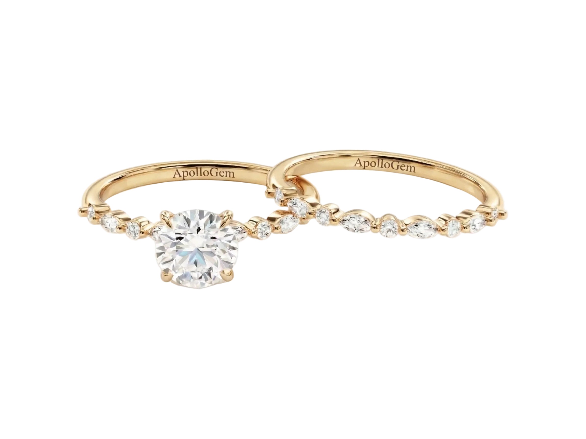 Round brilliant moissanite bridal set with alternating round and marquise pavé bands Duo Collection ApolloGem.