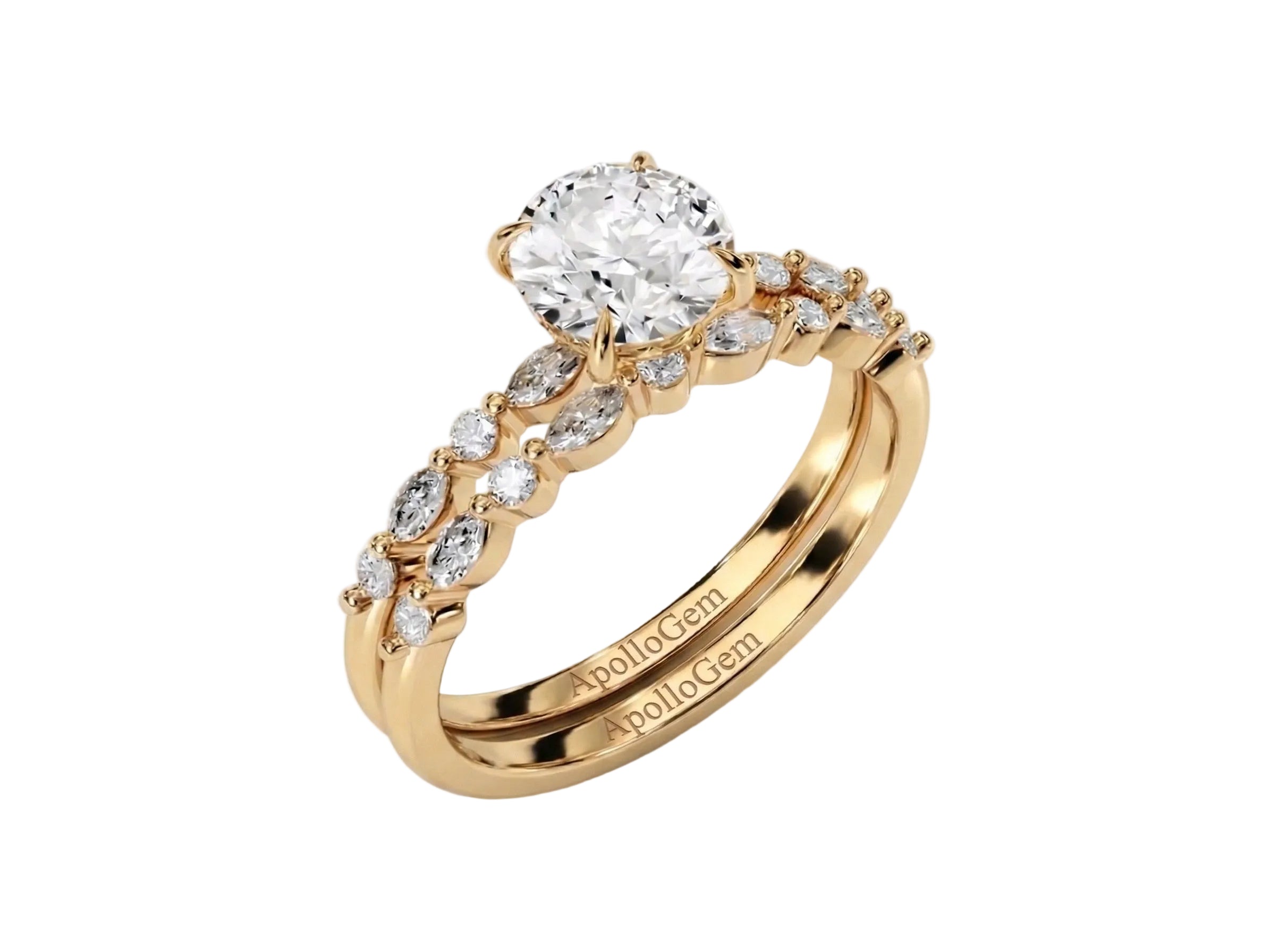 Round brilliant center stone with decorative multi-shape pavé shanks and matching wedding band.