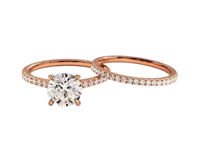 Round brilliant moissanite bridal set with pavé-set rose gold bands Duo Collection ApolloGem.