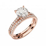 Close-up of a D-color VVS1 round moissanite in a shimmering pavé bridal setting.