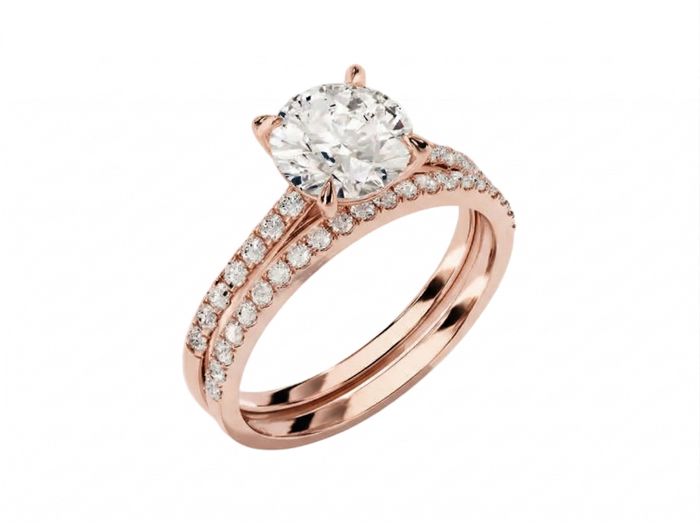 Close-up of a D-color VVS1 round moissanite in a shimmering pavé bridal setting.