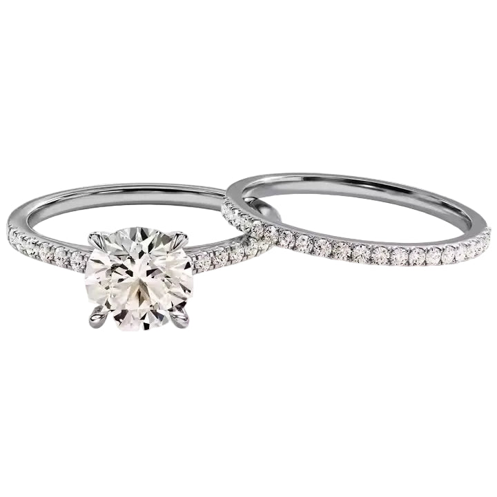 Round brilliant moissanite bridal set with pavé-set white gold bands Duo Collection ApolloGem.