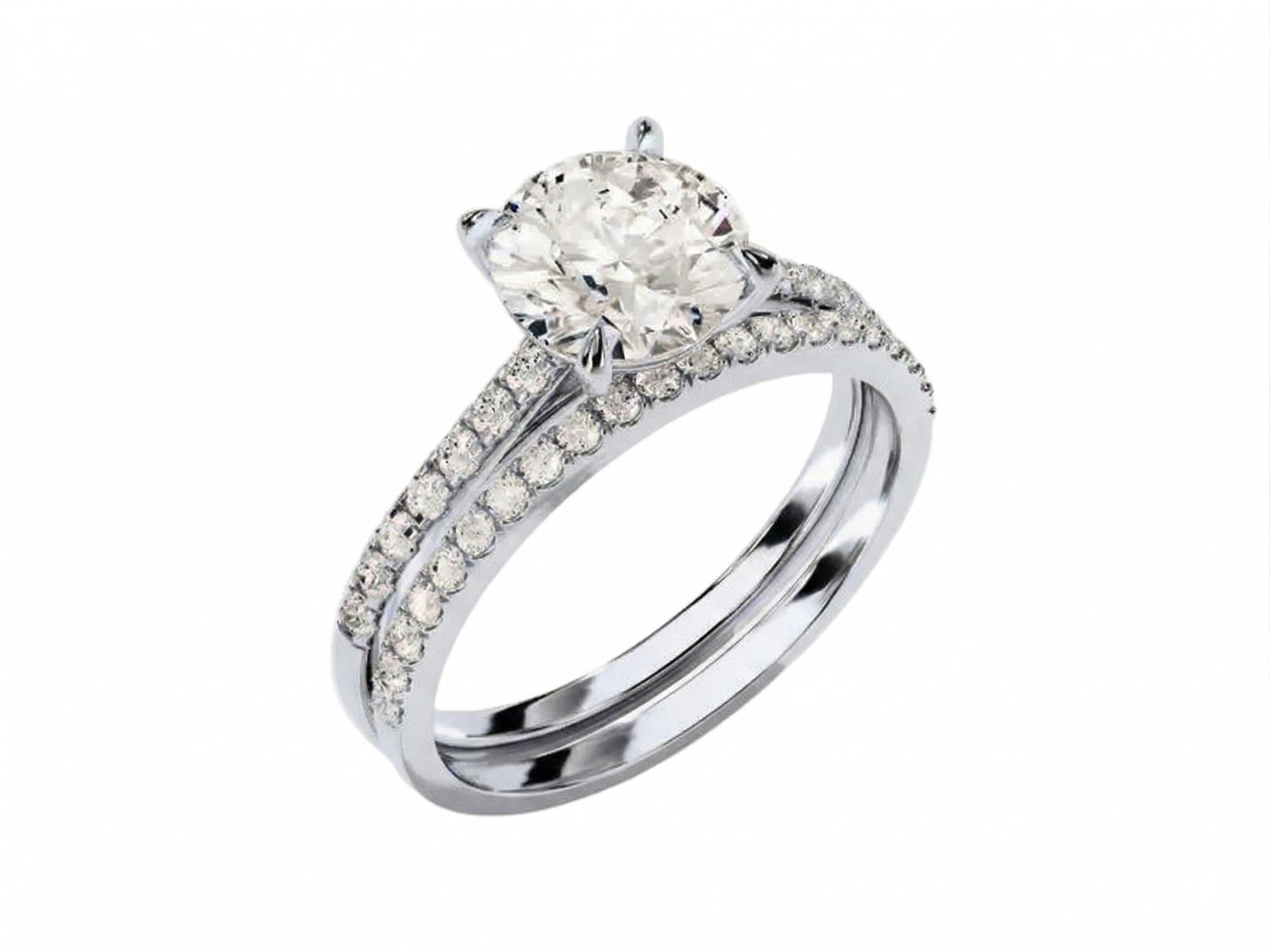Close-up of a D-color VVS1 round moissanite in a shimmering pavé bridal setting.