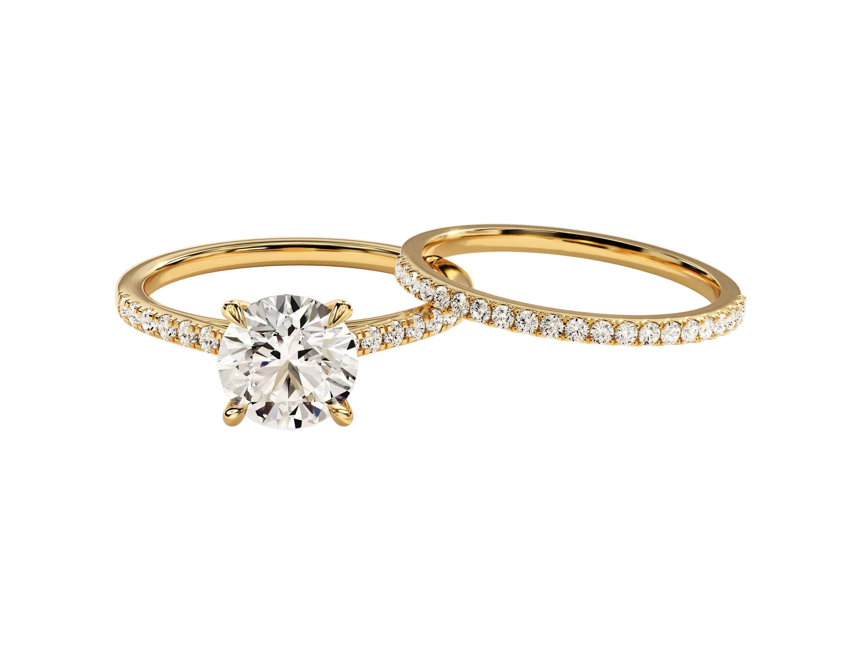 Round brilliant moissanite bridal set with pavé-set yellow gold bands Duo Collection ApolloGem.