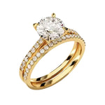 Close-up of a D-color VVS1 round moissanite in a shimmering pavé bridal setting.