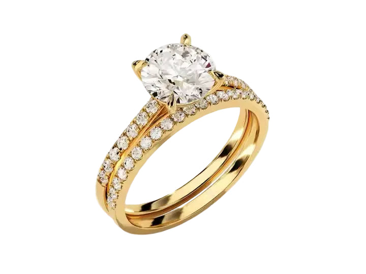 Close-up of a D-color VVS1 round moissanite in a shimmering pavé bridal setting.