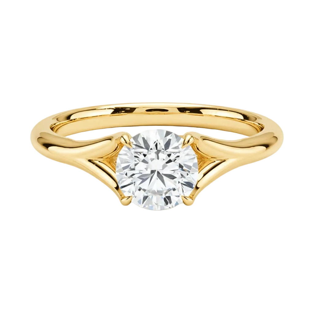 Luxury round brilliant moissanite engagement ring with an open twisted pavé band in yellow gold ApolloGem.