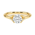Luxury round brilliant moissanite engagement ring with an open twisted pavé band in yellow gold ApolloGem.