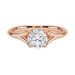 Elegant Eternal Path engagement ring on a finger showing the airy twisted design and brilliant fire.