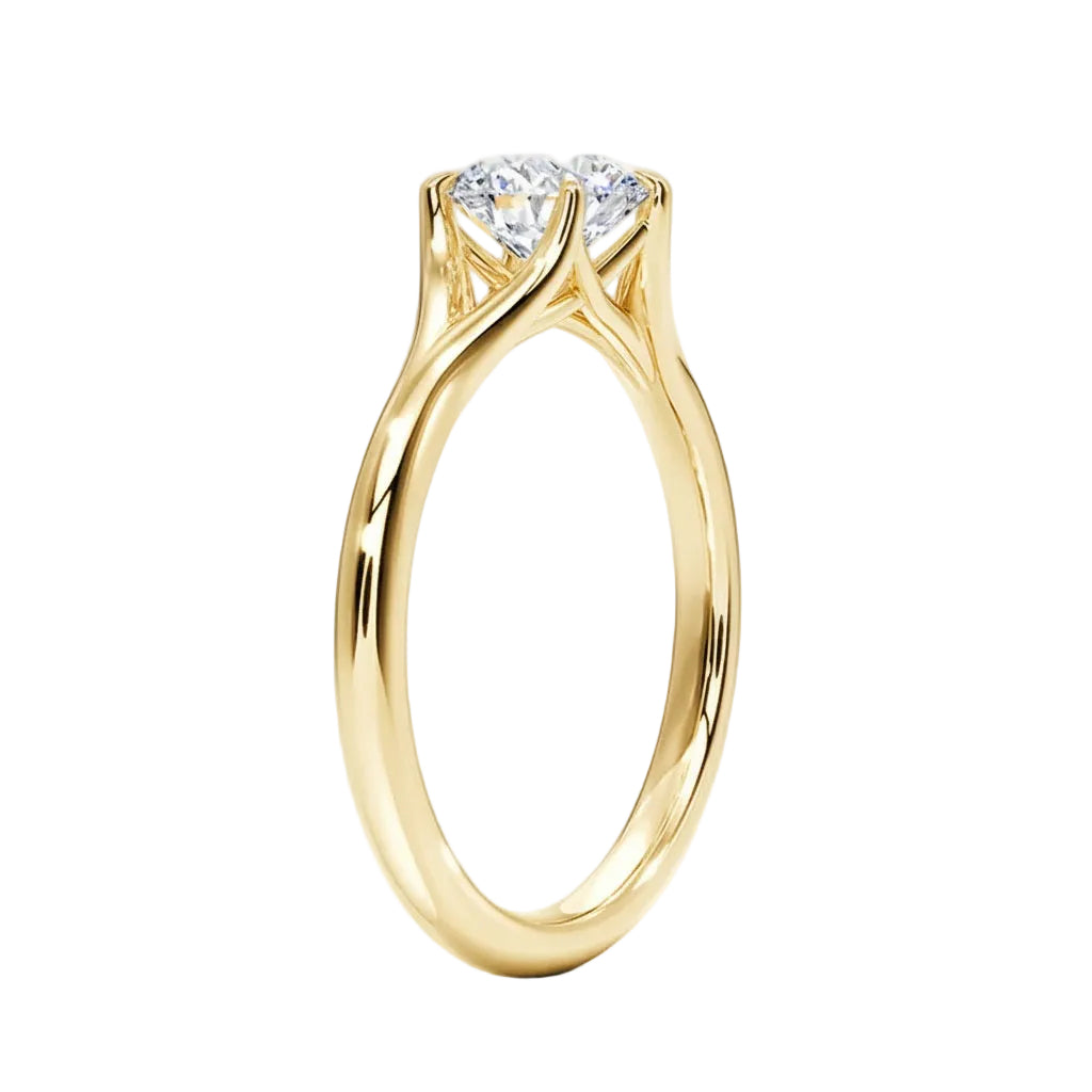 Detailed side view of the Eternal Path ring showing the airy distance between the intertwined gold strands.