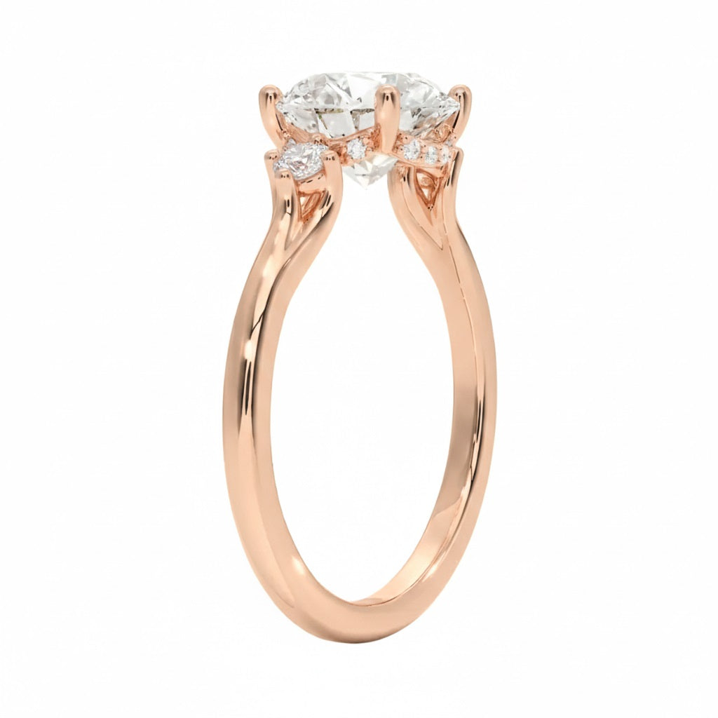 Elegant round brilliant engagement ring showing the side accents and the detail of the decorative frame.