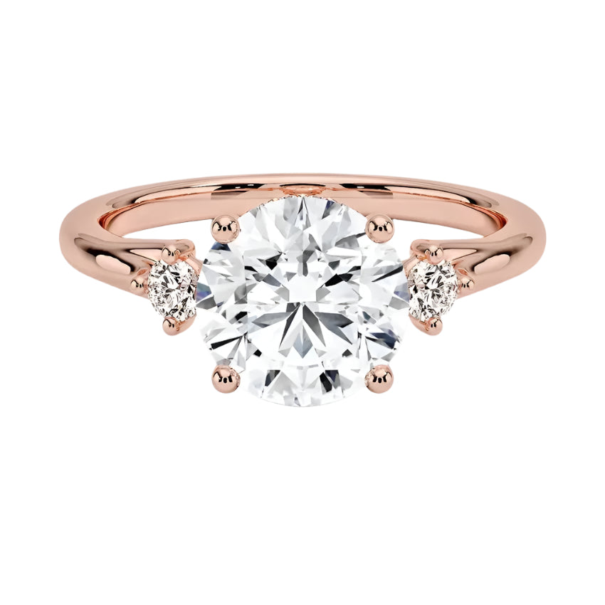 Close-up of a D-color VVS1 round brilliant moissanite with a sparkling micro-set frame at the base of the setting.