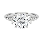 High-resolution jewelry render of a round moissanite ring with a stone-set bridge and polished white gold band.