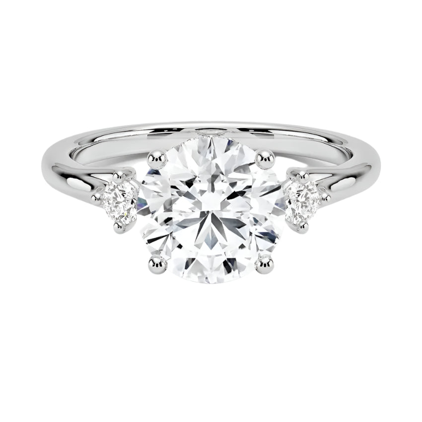 High-resolution jewelry render of a round moissanite ring with a stone-set bridge and polished white gold band.