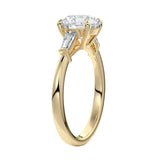 Side view of a high-set round moissanite ring showing the secure four-prong setting and structural baguette accents.