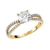 Four-claw round brilliant moissanite ring with a double-row pavé infinity twist band in yellow gold ApolloGem.