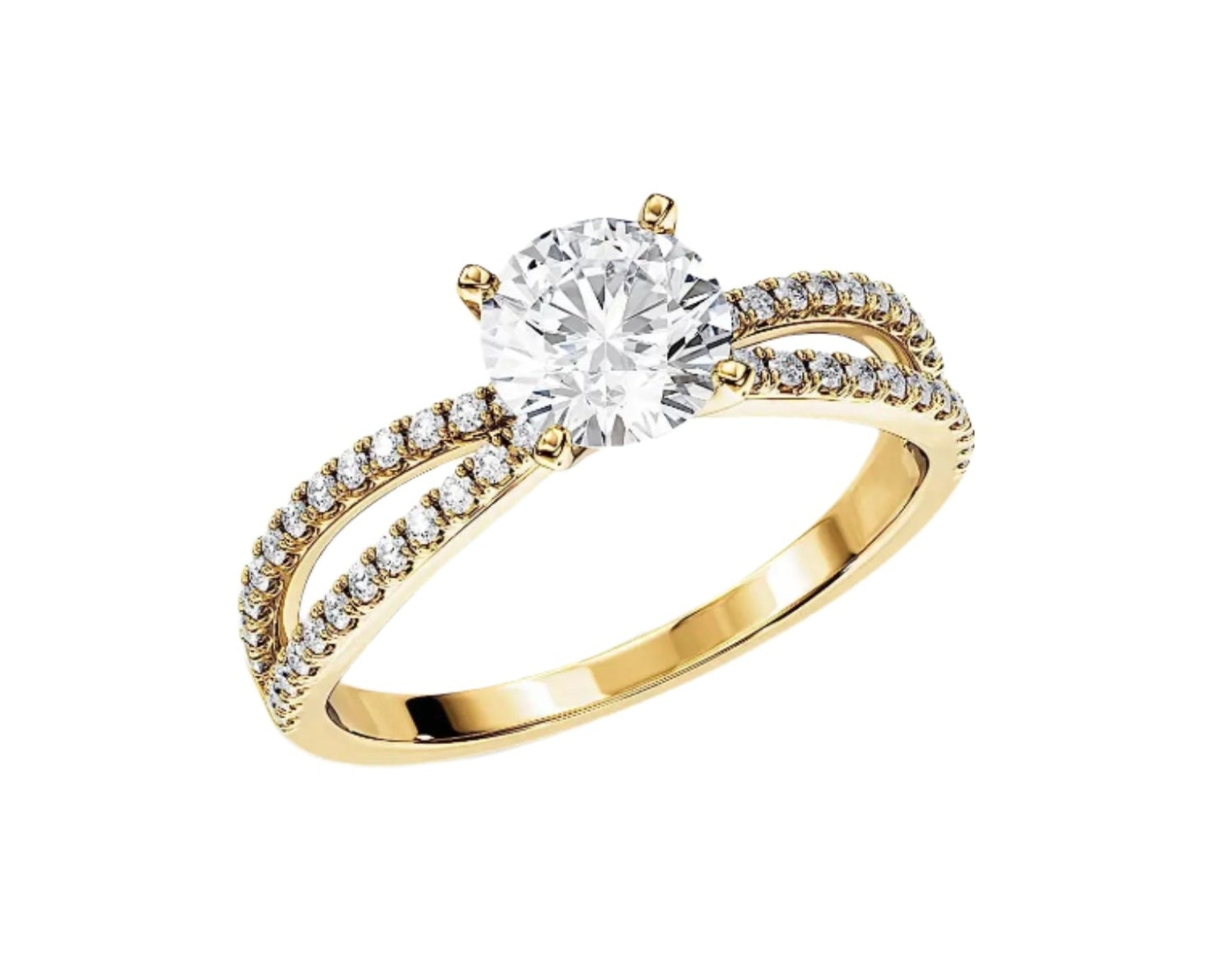 Four-claw round brilliant moissanite ring with a double-row pavé infinity twist band in yellow gold ApolloGem.