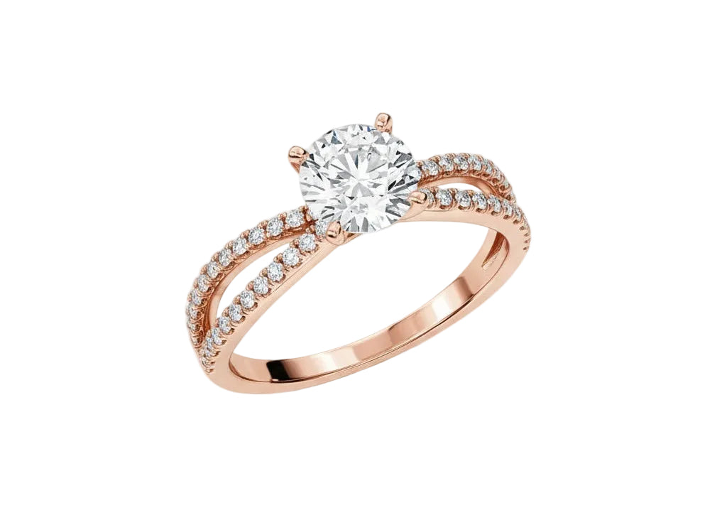 Four-claw round brilliant moissanite ring with a double-row pavé infinity twist band in rose gold ApolloGem.