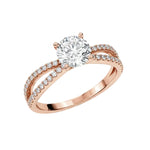 Four-claw round brilliant moissanite ring with a double-row pavé infinity twist band in rose gold ApolloGem.