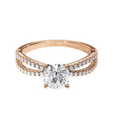 Top-down view of a D-color VVS1 round brilliant stone in a full double-twist pavé setting.