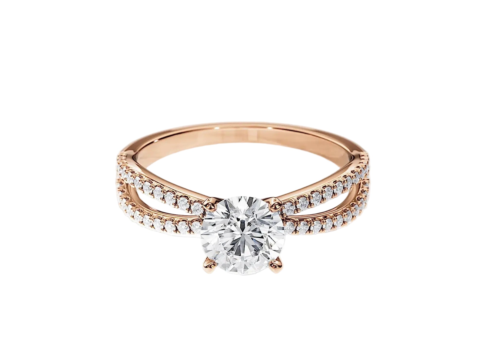 Top-down view of a D-color VVS1 round brilliant stone in a full double-twist pavé setting.