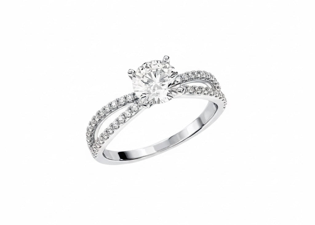 Four-claw round brilliant moissanite ring with a double-row pavé infinity twist band in white gold ApolloGem.
