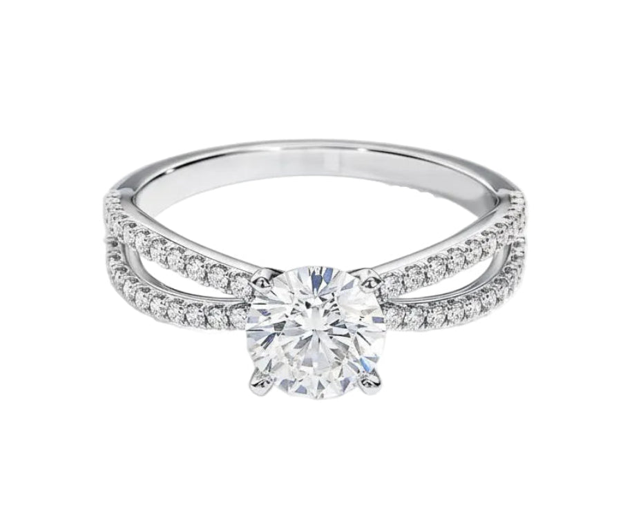 Top-down view of a D-color VVS1 round brilliant stone in a full double-twist pavé setting.