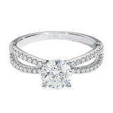 Top-down view of a D-color VVS1 round brilliant stone in a full double-twist pavé setting.