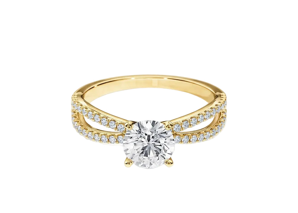 Top-down view of a D-color VVS1 round brilliant stone in a full double-twist pavé setting.