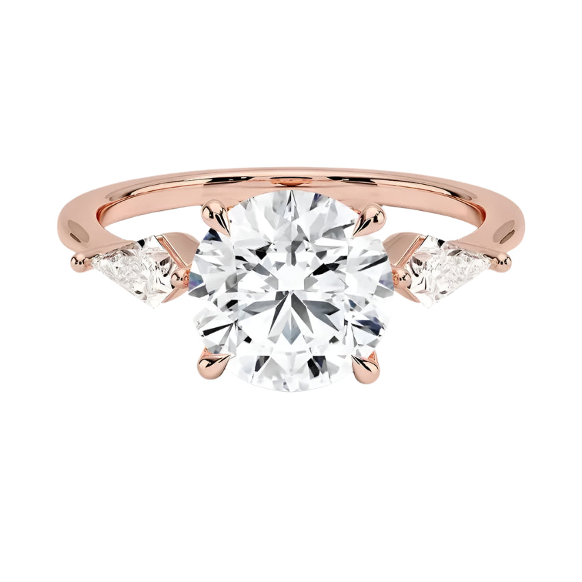 Luxury round brilliant moissanite engagement ring in rose gold featuring structural kite cut side stone accents ApolloGem South Africa.